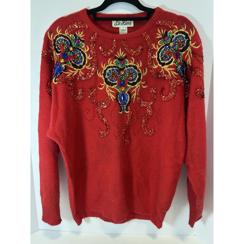 Vintage La Ricci Lambswool Angora Embellished Beaded Sequin‎ Sweater Red Small